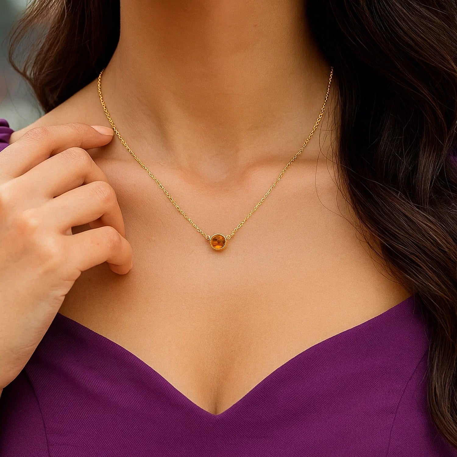 14K Yellow Gold Round Citrine Bezel Necklace 17 Inch