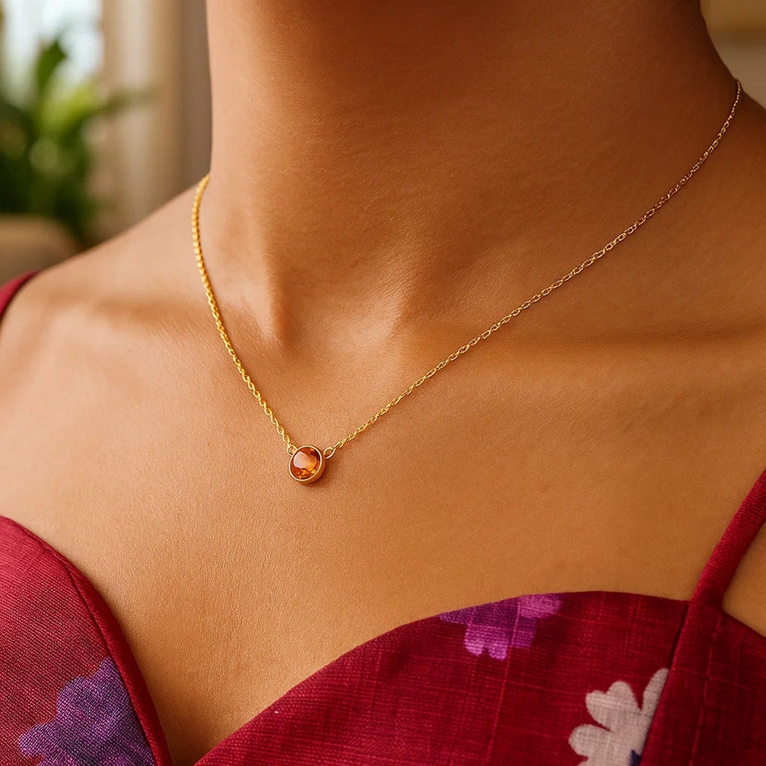 14K Yellow Gold Round Citrine Bezel Necklace 17 Inch