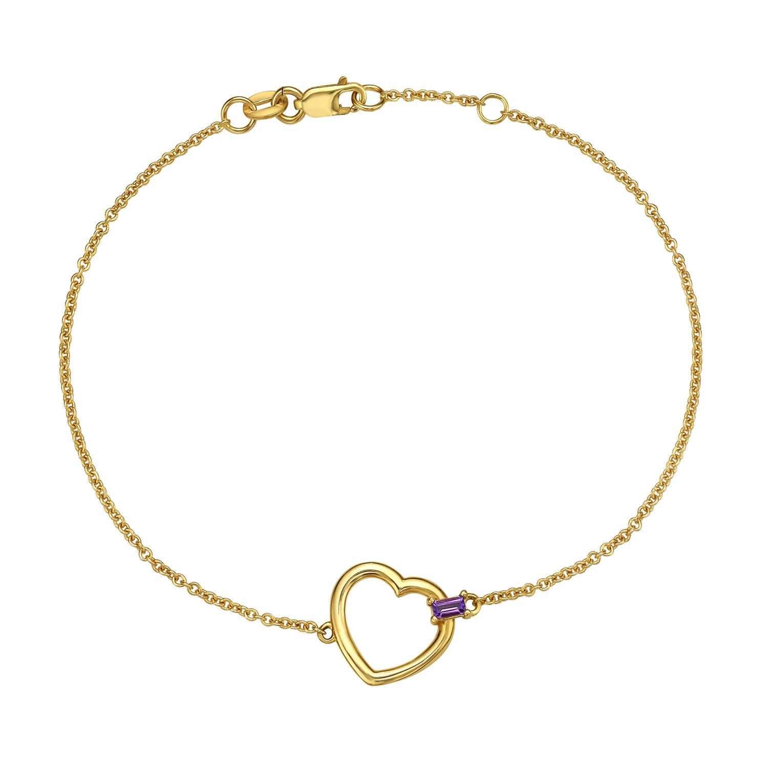 14K Yellow Gold Amethyst Baguette Heart Bracelet – 7 Inches