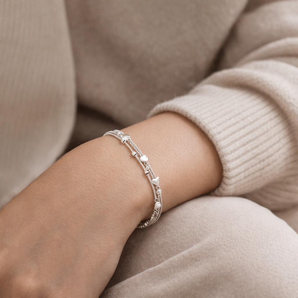 925 Sterling Silver "Sweetheart Drift" Triple Strand Heart & Bead Bracelet