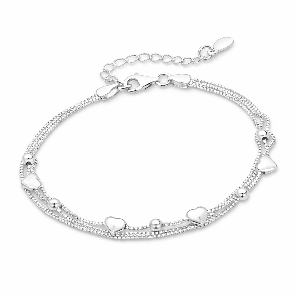 925 Sterling Silver "Sweetheart Drift" Triple Strand Heart & Bead Bracelet