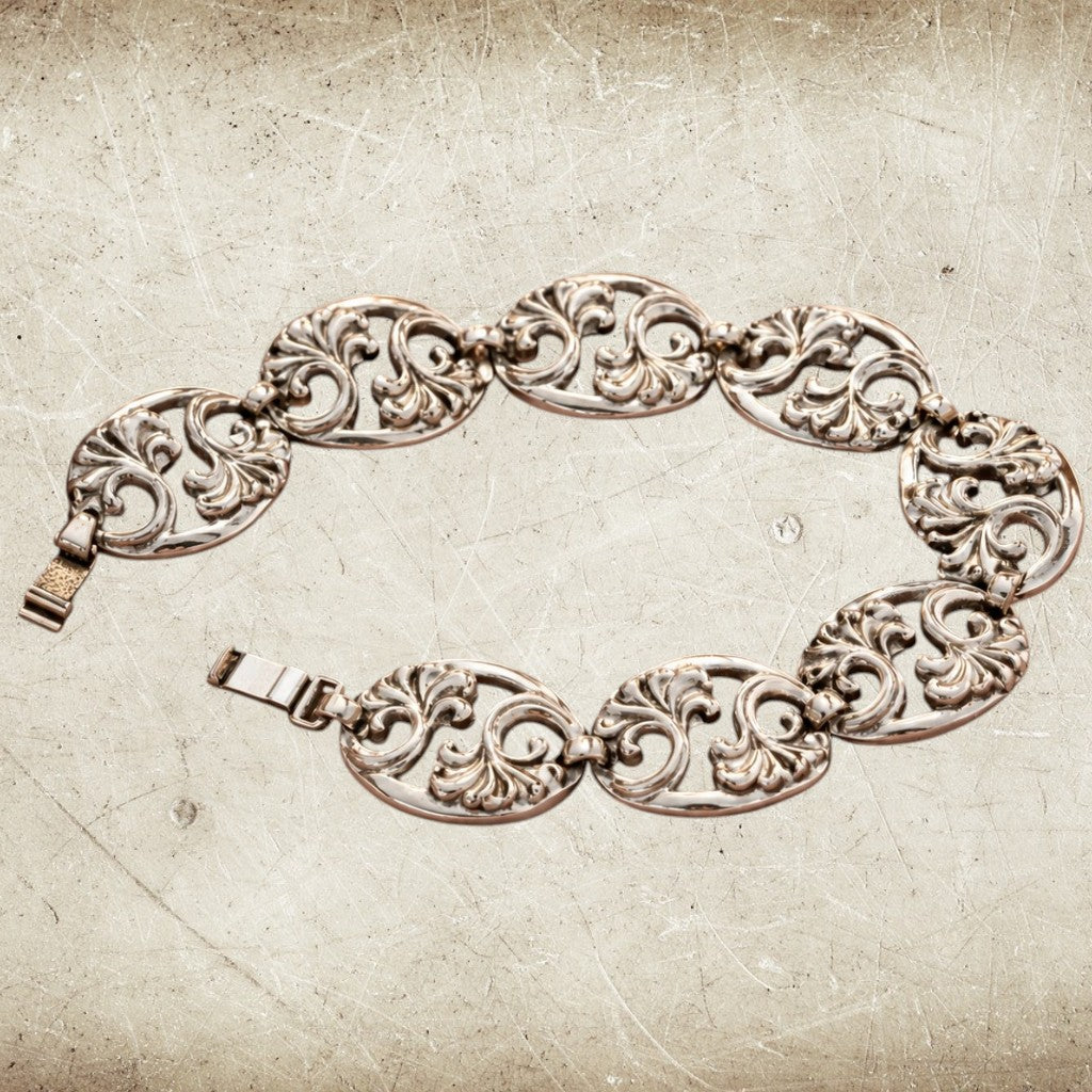 Sterling Silver Scroll Link Bracelet – Artisan Oval Panel Design