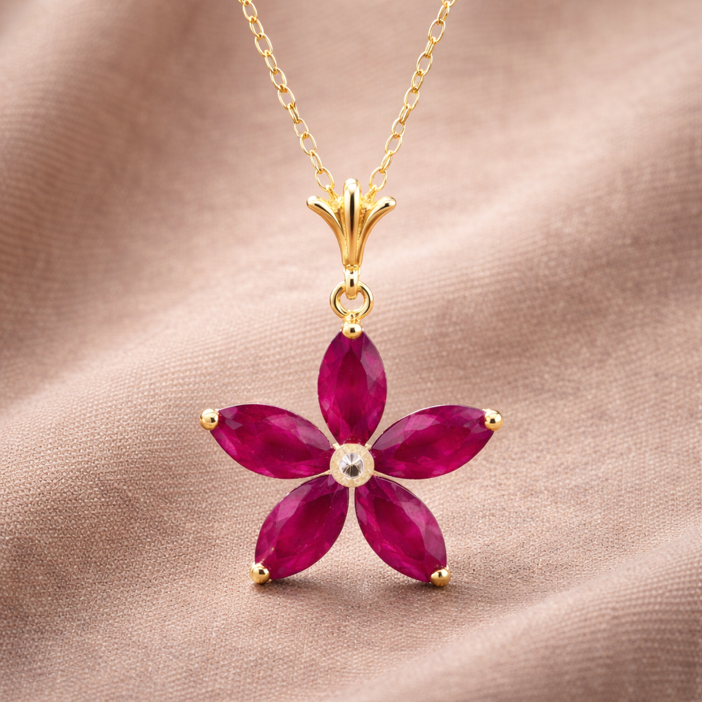 Simply Savvy “Crimson Bloom” Ruby Pendant – 1.4 CTW 14K Gold Necklace