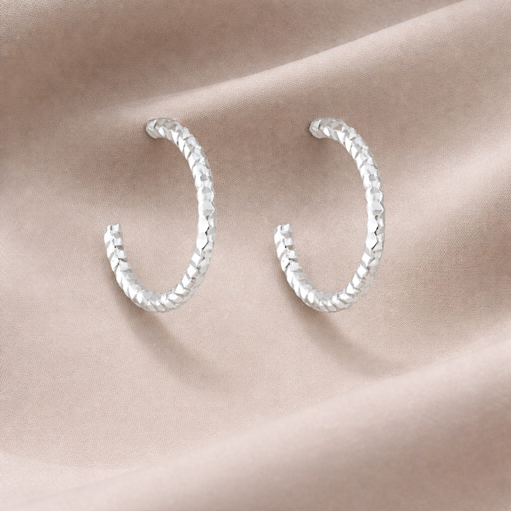 925 Sterling Silver “Facet Curve Open Hoop” Earrings
