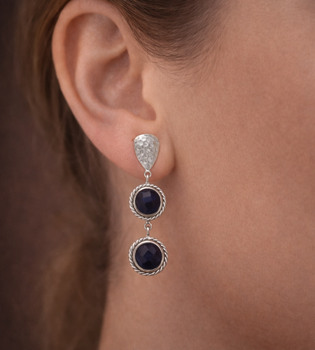 Sterling Silver Blue Corundum Drop Earrings – Hammered Rhodium Finish | Stormy Nights Collection