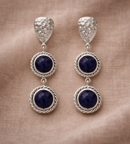 Sterling Silver Blue Corundum Drop Earrings – Hammered Rhodium Finish | Stormy Nights Collection