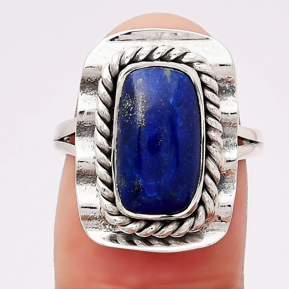 Natural Lapis Lazuli Ring 925 Sterling Silver Statement Ring Size 7 Vintage Style