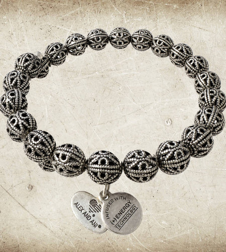 Alex and Ani Vintage Sixty-Six Silver Tone Filigree Beaded Bracelet