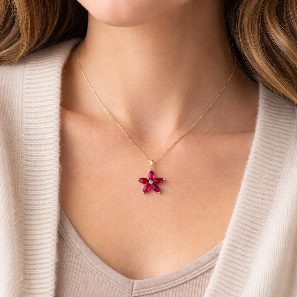 Simply Savvy “Crimson Bloom” Ruby Pendant – 1.4 CTW 14K Gold Necklace