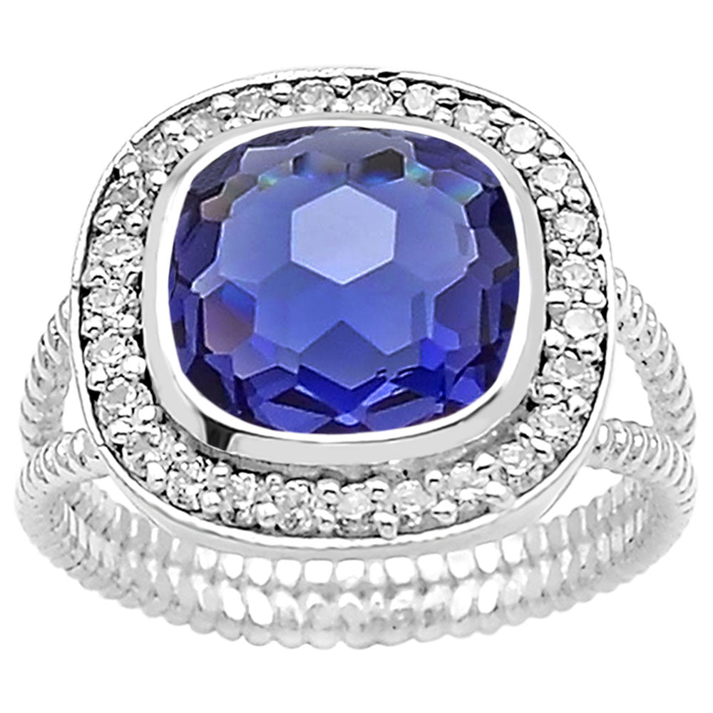 Sterling Silver Cushion Cut Simulated Tanzanite Ring CZ Halo Size 6 Statement Ring