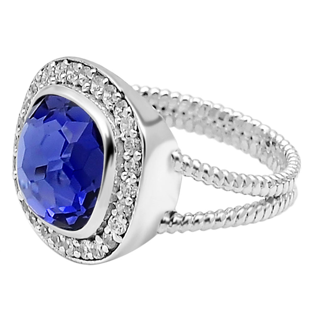 Sterling Silver Cushion Cut Simulated Tanzanite Ring CZ Halo Size 6 Statement Ring