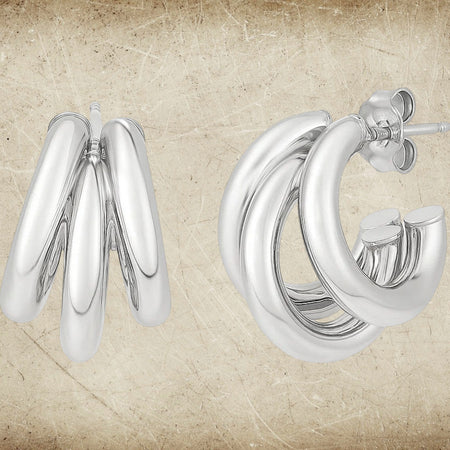 Sterling Silver Triple Barrelled Strand Hoop Earrings