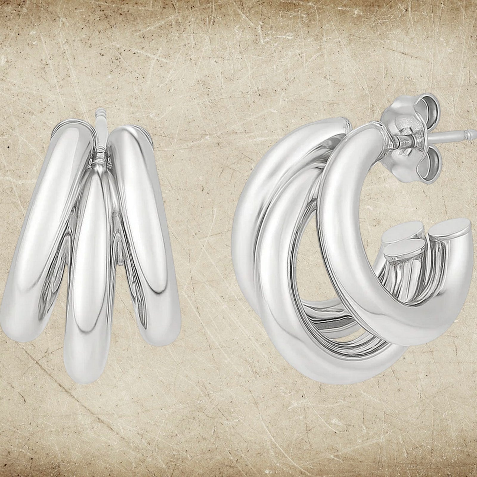 Sterling Silver Triple Barrelled Strand Hoop Earrings
