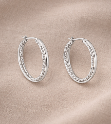 Sterling Silver “Dual Twist Luxe Hoops” Earrings – Braided & Polished Medium Hoops