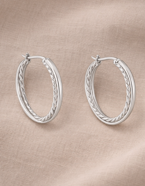 Load image into Gallery viewer, Sterling Silver “Dual Twist Luxe Hoops” Earrings – Braided &amp; Polished Medium Hoops
