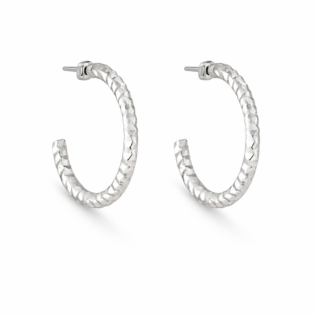 925 Sterling Silver “Facet Curve Open Hoop” Earrings