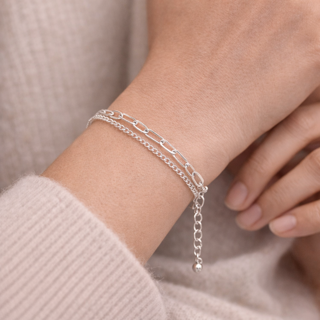 925 Sterling Silver "Layered Luxe Chain Bracelet" – Double Strand Adjustable Bracelet