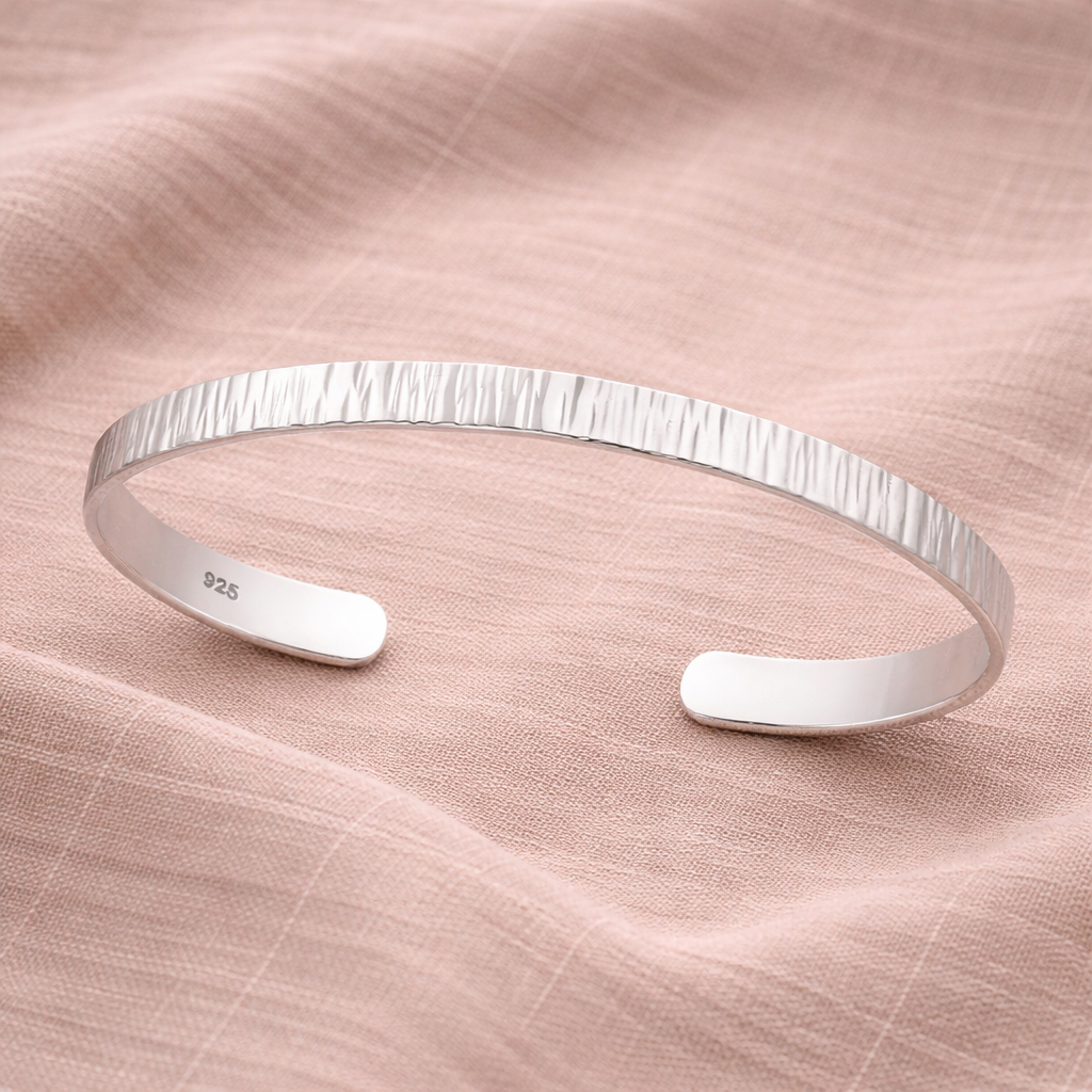 925 Sterling Silver “Luxe Textured Cuff” Bracelet – Minimalist Hammered Finish