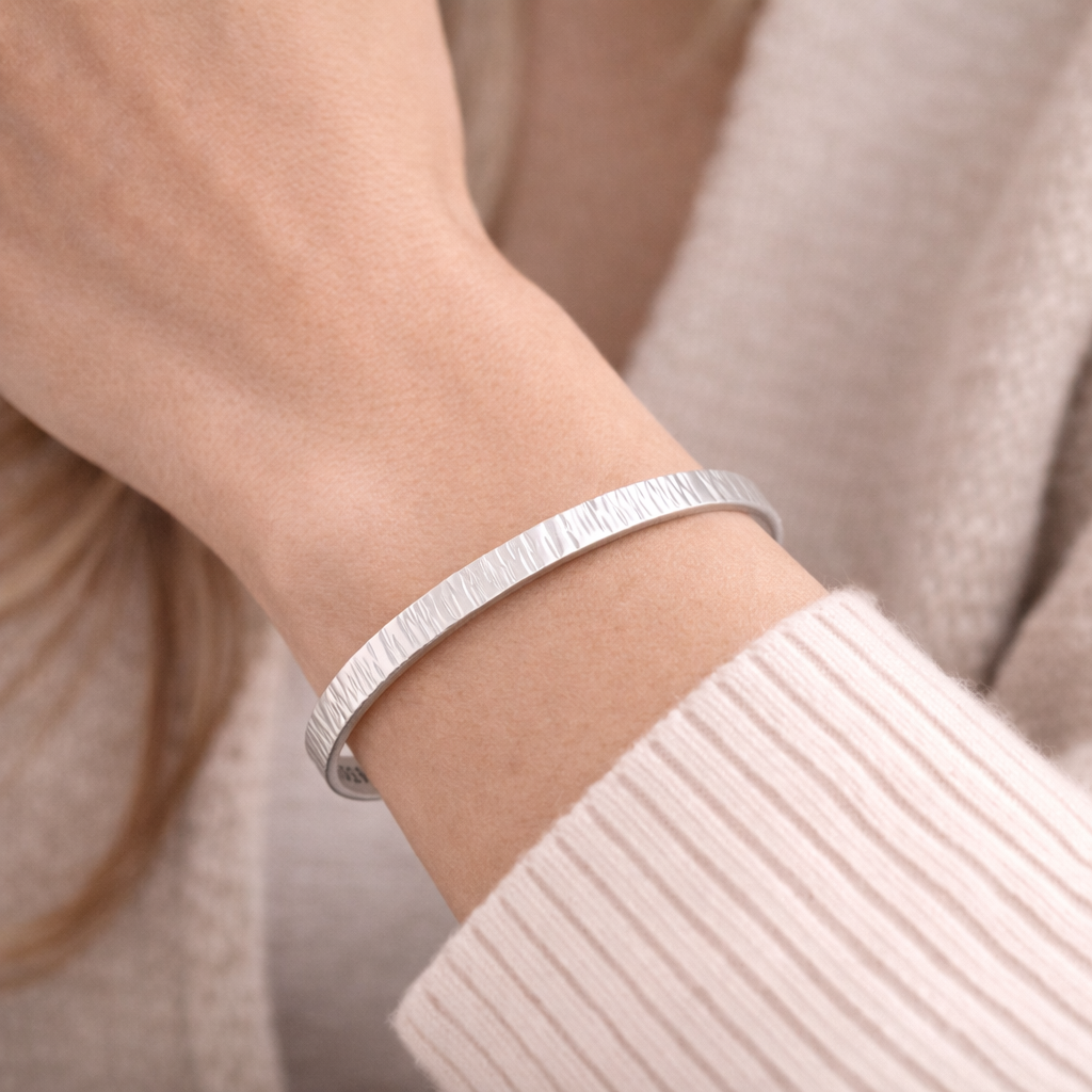 925 Sterling Silver “Luxe Textured Cuff” Bracelet – Minimalist Hammered Finish