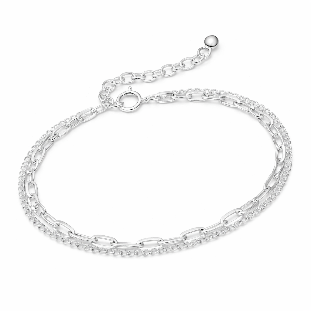 925 Sterling Silver "Layered Luxe Chain Bracelet" – Double Strand Adjustable Bracelet