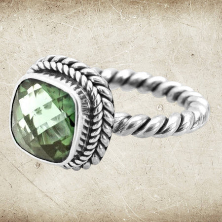 Sage Green Amethyst Quartz Sterling Silver Rope Band Bali Ring