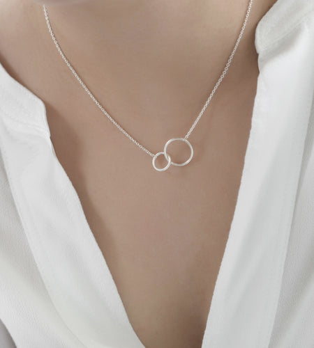 925 Sterling Silver “Linked Balance” Double Circle Link Necklace – Minimalist Geometric Pendant Adjustable