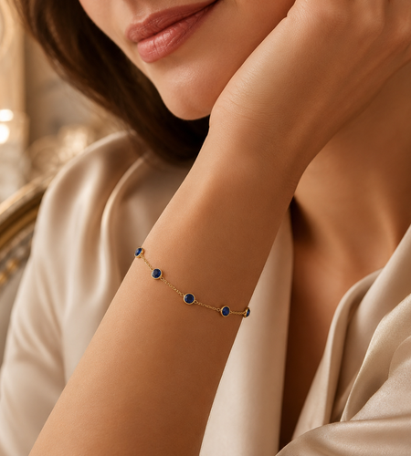 14K Yellow Gold Blue Sapphire Station Bracelet, 7" Adjustable