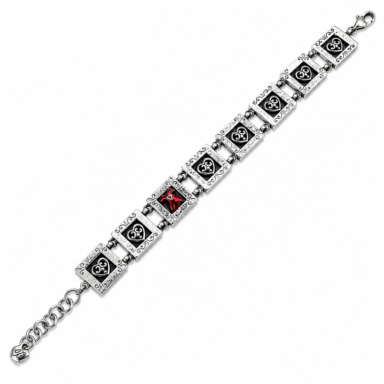 Brighton Silver-Tone Story Panel Bracelet with Red Crystal Heart Accent
