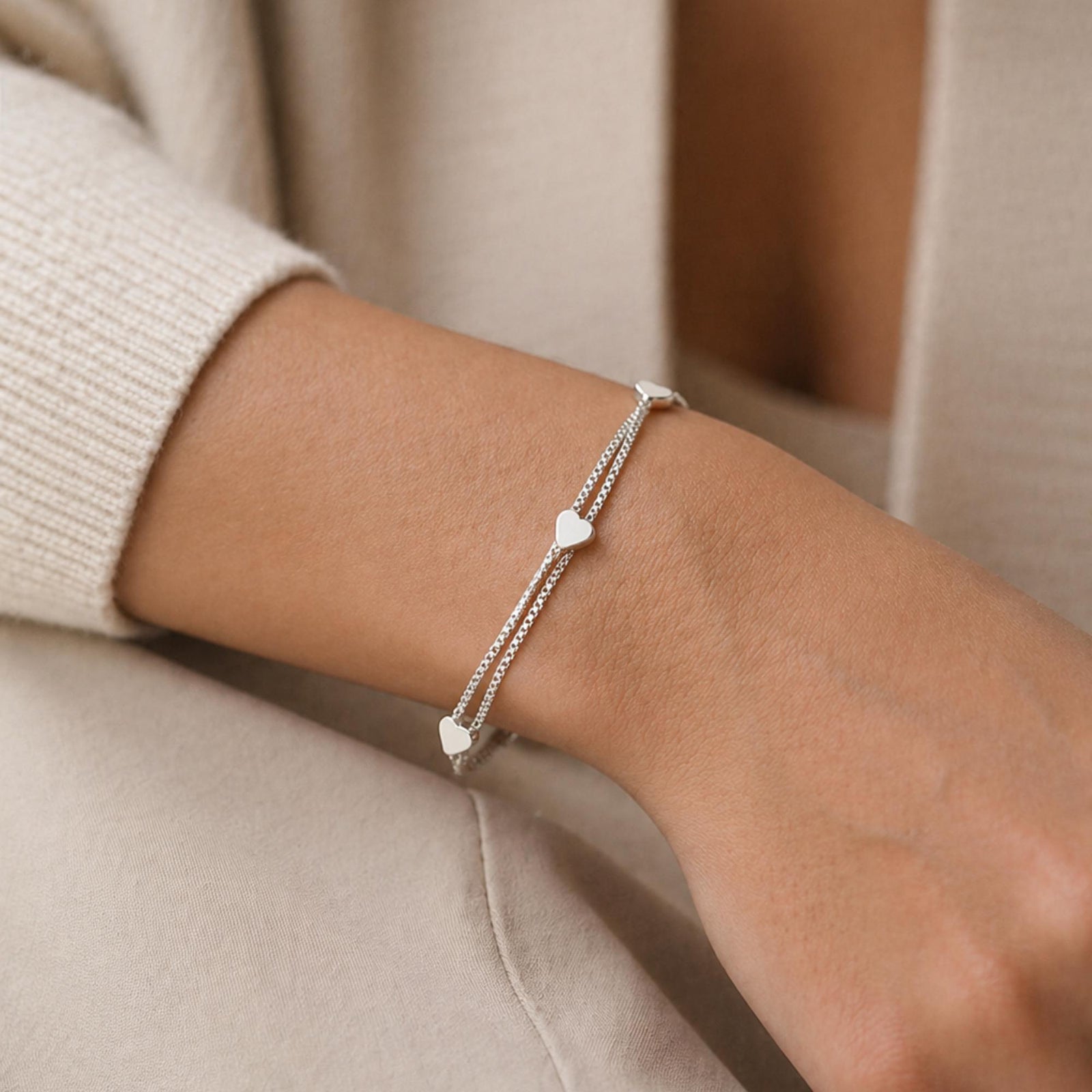 925 Sterling Silver Sweet Heart Drape Charm Adjustable Bracelet – Double Chain Drape | 6.5–8”