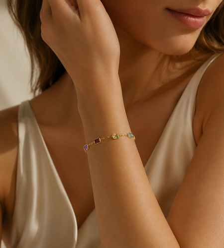 14K Yellow Gold Multi Gemstone Paperclip Bracelet, 7"