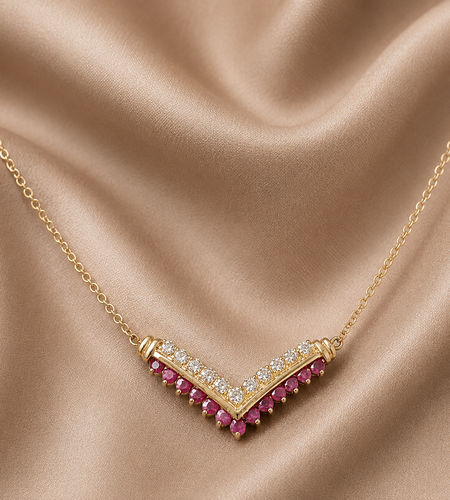 Ruby & Diamond Accent Chevron Necklace | 14K Gold Plated Designer Style