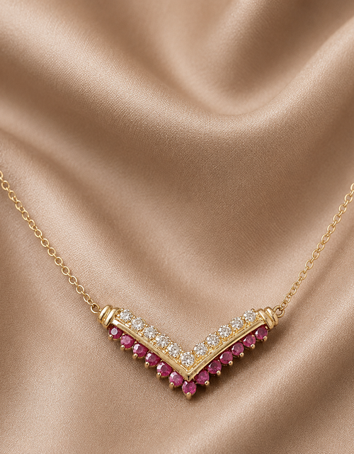 Load image into Gallery viewer, Ruby &amp; Diamond Accent Chevron Necklace | 14K Gold Plated Designer Style
