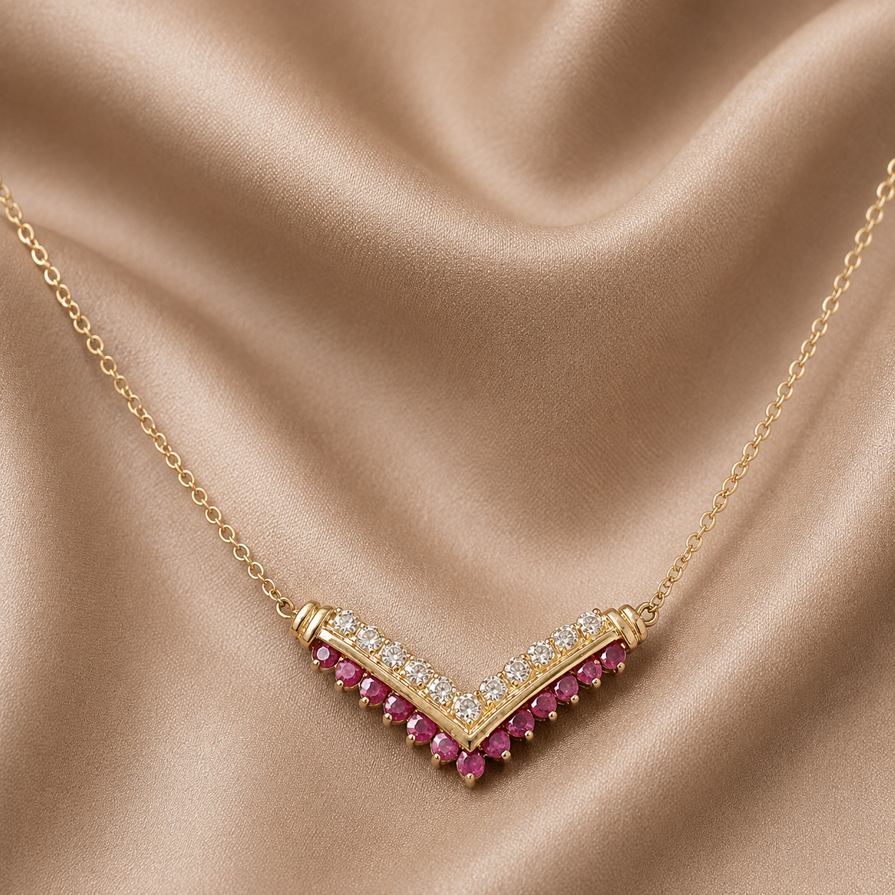 Ruby & Diamond Accent Chevron Necklace | 14K Gold Plated Designer Style