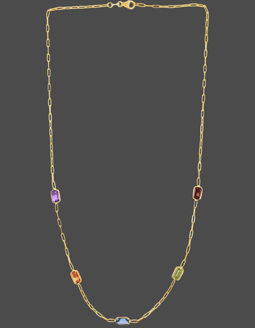 Load image into Gallery viewer, 14K Yellow Gold Multi-Gemstone Baguette Paperclip Necklace 17 Inch
