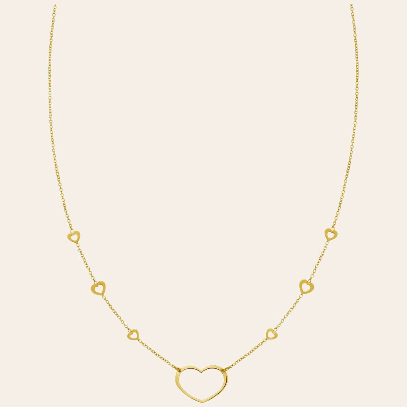 14K Yellow Gold Open Heart Station Necklace 18 in Adjustable Heart Necklace