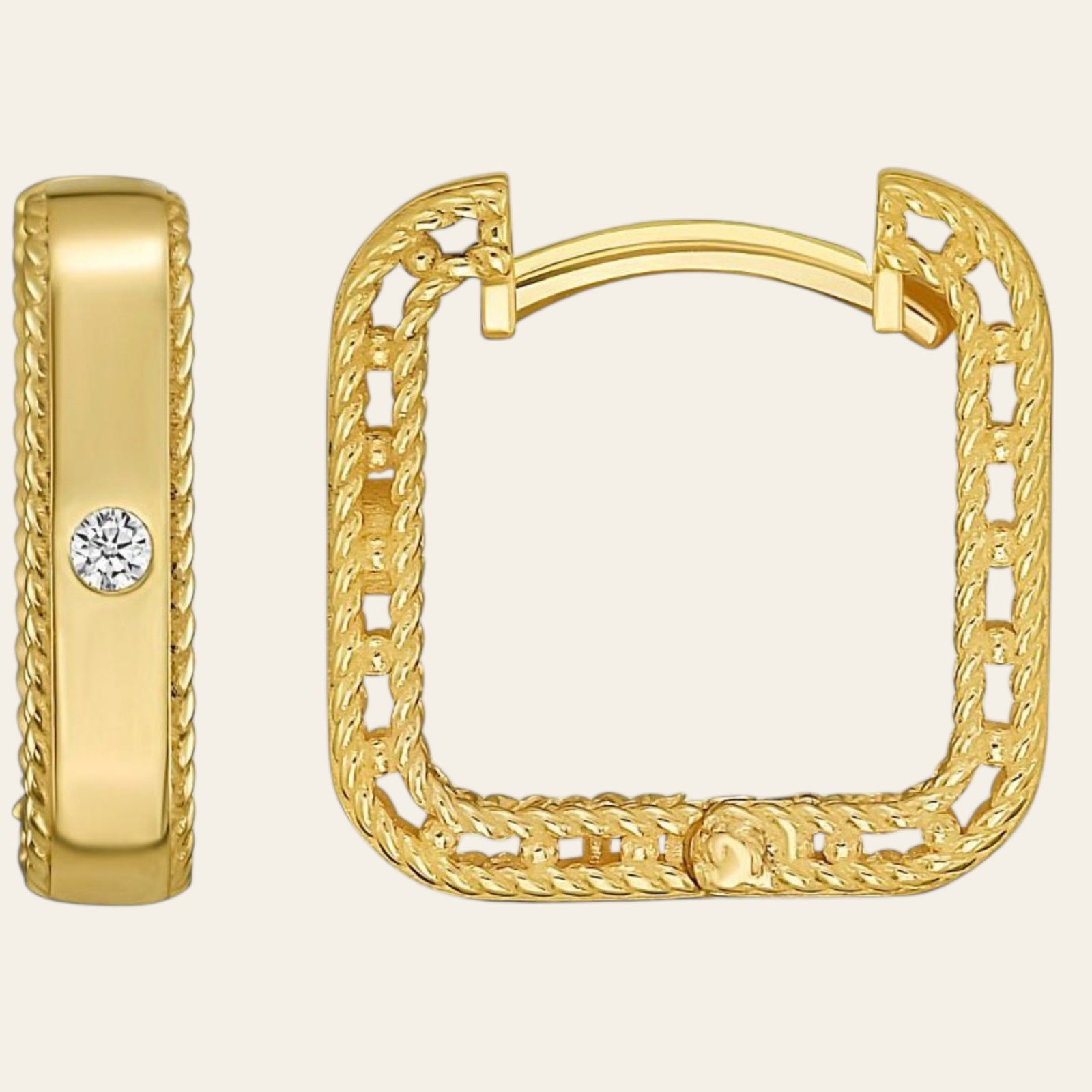 14K Yellow Gold Diamond Square Huggie Earrings