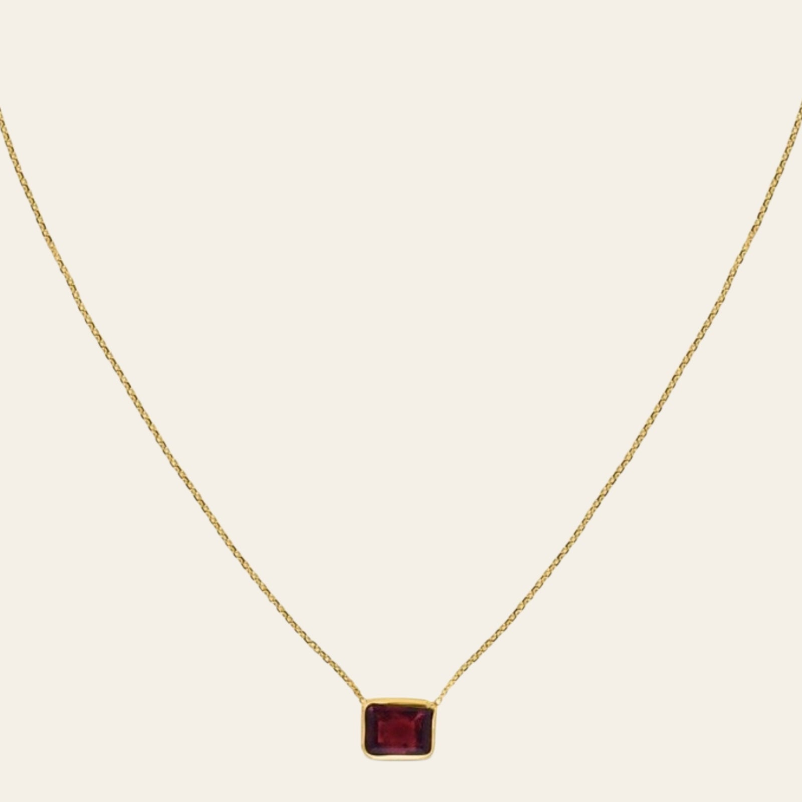 14K Yellow Gold Emerald Cut Garnet Necklace 18 in Minimalist Gemstone Necklace