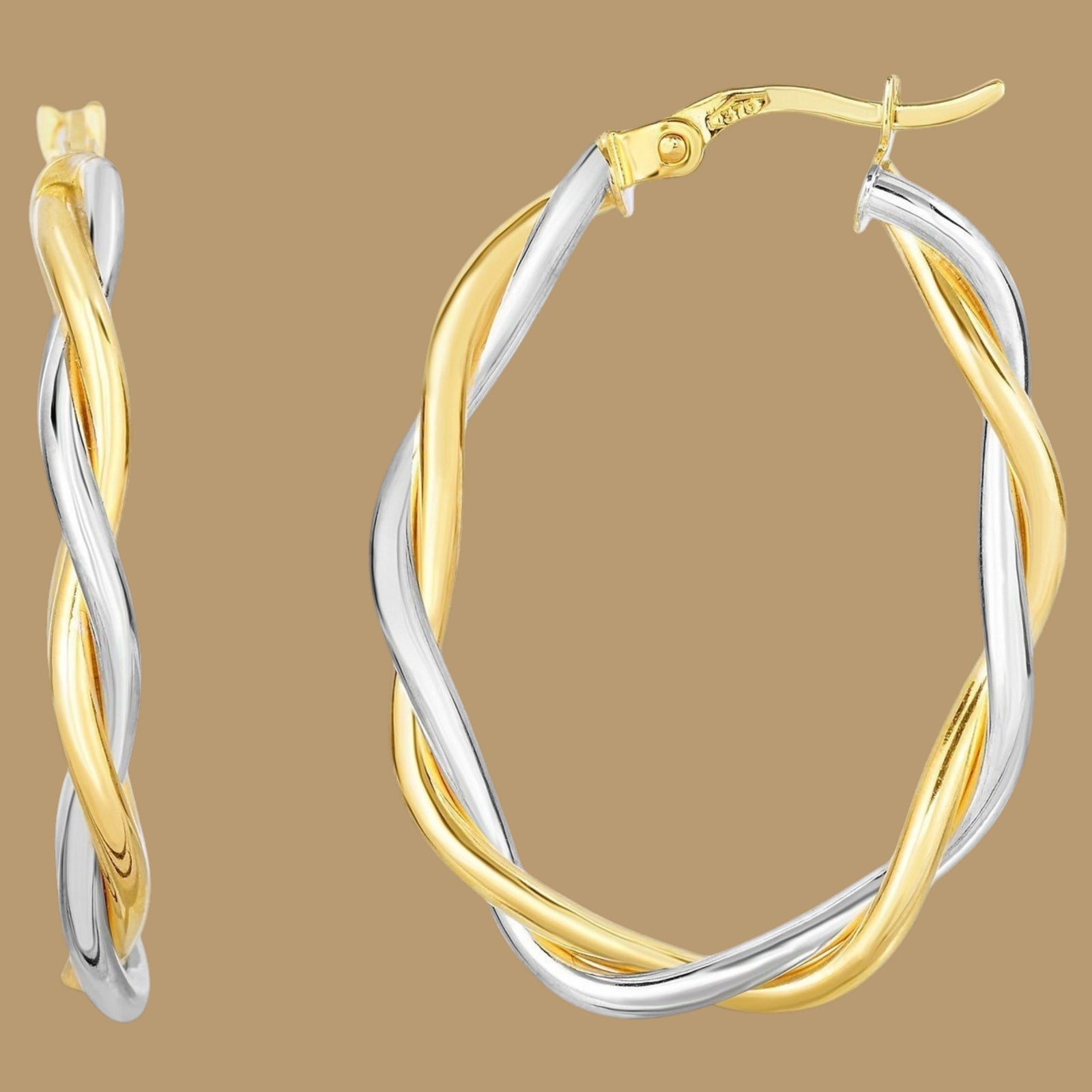 10K Two Tone Gold Oval Twist Hoop Earrings