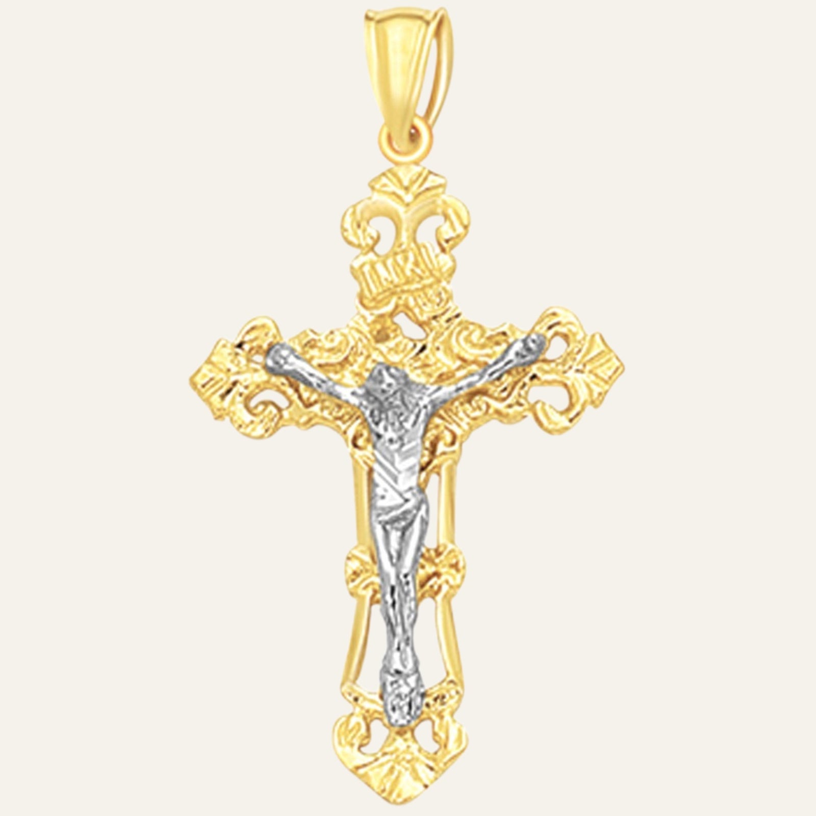 14K Two-Tone Gold Ornate Crucifix Cross Pendant – 1.54 Inches