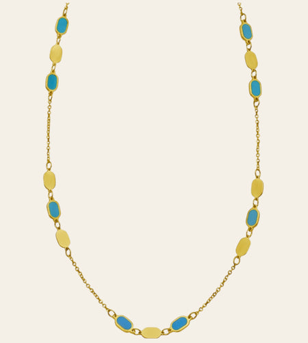 14K Yellow Gold Hexagon Turquoise Inlay Links Necklace