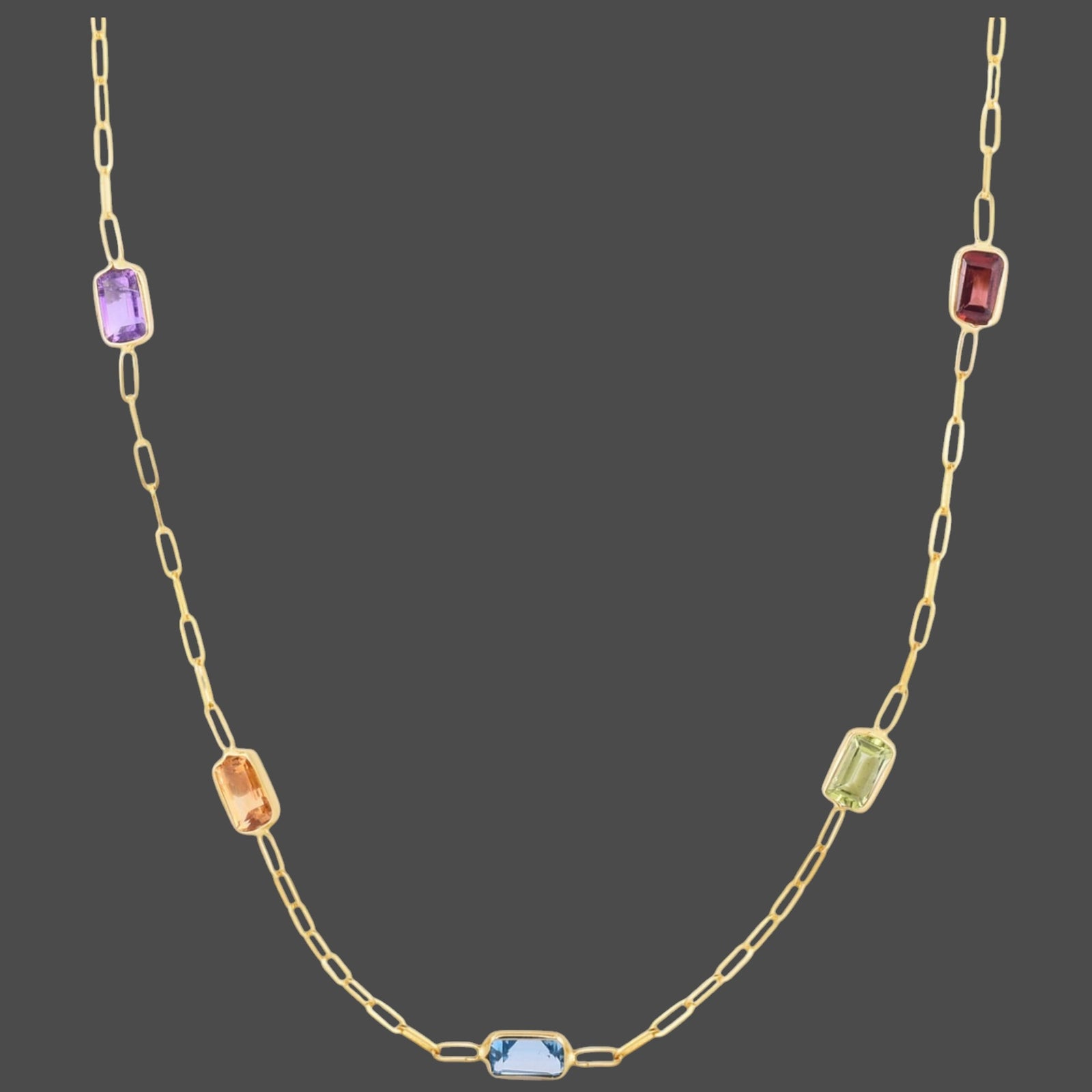 14K Yellow Gold Multi-Gemstone Baguette Paperclip Necklace 17 Inch