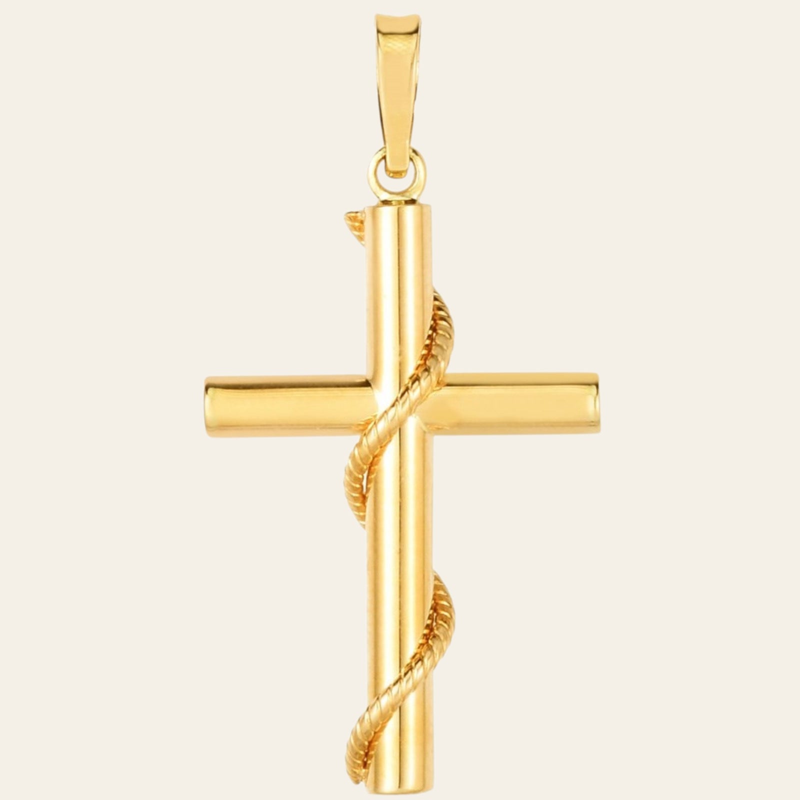 14K Yellow Gold Tube Cross Pendant with Twisted Rope Detail