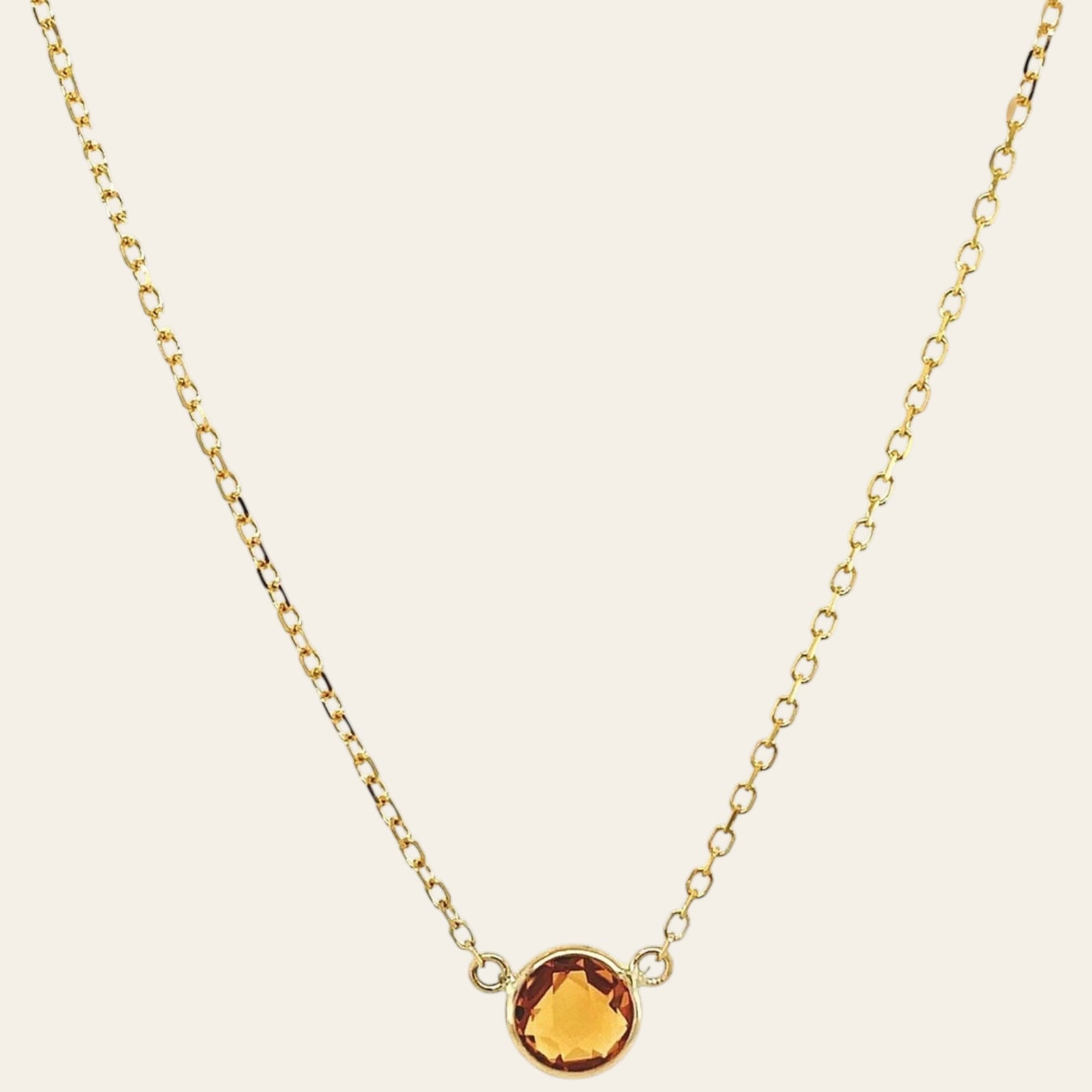 14K Yellow Gold Round Citrine Bezel Necklace 17 Inch