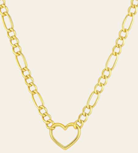 14K Yellow Gold Figaro Chain Open Heart Necklace 18 Inch